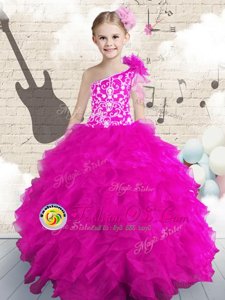Hot Pink Little Girls Pageant Dress Wholesale Party and Wedding Party and For with Embroidery and Ruffles and Hand Made Flower One Shoulder Sleeveless Lace Up