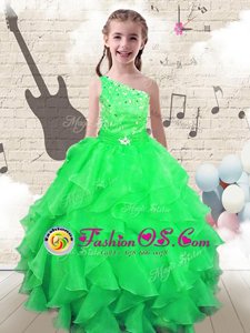 Discount Floor Length Apple Green Little Girl Pageant Dress One Shoulder Sleeveless Lace Up
