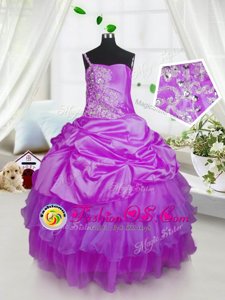Beauteous One Shoulder Sleeveless Satin and Tulle Floor Length Lace Up Little Girls Pageant Dress Wholesale in Lavender for with Beading and Ruffled Layers and Pick Ups