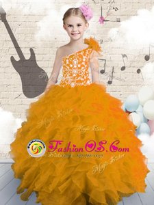 Orange Ball Gowns Organza One Shoulder Sleeveless Embroidery and Ruffles and Hand Made Flower Floor Length Lace Up Little Girls Pageant Dress