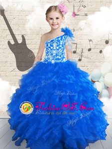 Ball Gowns Girls Pageant Dresses Navy Blue One Shoulder Organza Sleeveless Floor Length Lace Up