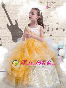 High End Scoop Orange Sleeveless Beading and Ruffles Floor Length Little Girls Pageant Dress Wholesale