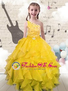 Stylish Yellow One Shoulder Neckline Beading and Ruffles Pageant Gowns For Girls Sleeveless Lace Up