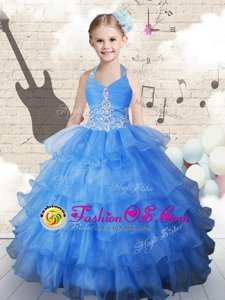 Halter Top Floor Length Lace Up Little Girls Pageant Dress Light Blue and In for Party and Wedding Party with Beading and Ruffled Layers