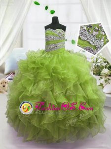 Classical Olive Green Lace Up Girls Pageant Dresses Beading and Ruffles Sleeveless Floor Length