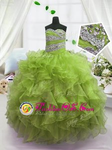 Classical Olive Green Lace Up Girls Pageant Dresses Beading and Ruffles Sleeveless Floor Length