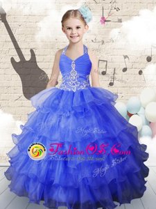 Best Halter Top Floor Length Royal Blue Girls Pageant Dresses Organza Sleeveless Beading and Ruffled Layers