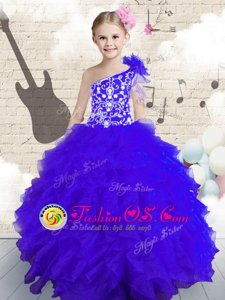 Simple One Shoulder Sleeveless Organza Floor Length Lace Up Pageant Gowns For Girls in Baby Blue for with Embroidery and Ruffles and Hand Made Flower
