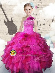 Hot Pink Little Girls Pageant Dress Wholesale Party and Wedding Party and For with Beading and Ruffles One Shoulder Sleeveless Lace Up