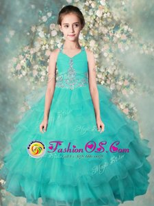 Best Turquoise Ball Gowns Halter Top Sleeveless Organza Floor Length Zipper Beading and Ruffled Layers Kids Pageant Dress