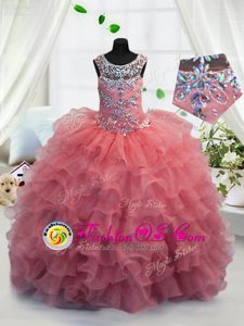 Scoop Sleeveless Little Girl Pageant Gowns Floor Length Beading and Ruffled Layers Coral Red Organza