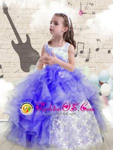 Scoop Floor Length Blue Little Girls Pageant Gowns Organza Sleeveless Beading and Ruffles