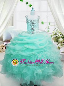 Latest Baby Blue Sleeveless Floor Length Beading and Ruffles and Pick Ups Lace Up Kids Pageant Dress
