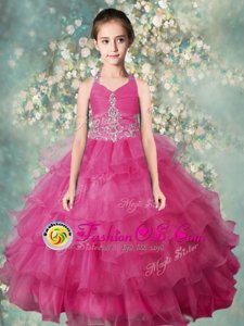 Latest Halter Top Floor Length Zipper Little Girl Pageant Dress Rose Pink and In for Party and Wedding Party with Beading and Ruffled Layers