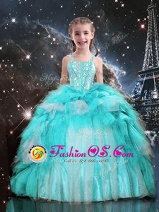 Cheap Aqua Blue Little Girls Pageant Gowns Party and Wedding Party and For with Beading and Ruffles Spaghetti Straps Sleeveless Lace Up