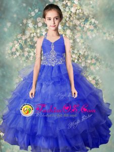 New Arrival Halter Top Baby Blue Sleeveless Floor Length Beading and Ruffled Layers Zipper Little Girl Pageant Gowns