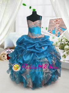Custom Made Baby Blue Sleeveless Beading and Ruffles and Pick Ups Floor Length Kids Formal Wear