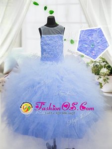 Scoop Floor Length Zipper Little Girl Pageant Dress Baby Blue and In for Party and Wedding Party with Beading and Ruffles