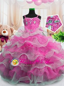 Organza Spaghetti Straps Sleeveless Zipper Beading and Ruffled Layers Little Girls Pageant Dress Wholesale in Hot Pink