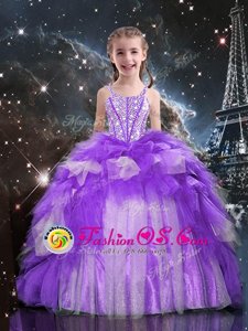 Modern Royal Blue Sleeveless Floor Length Beading and Ruffles Lace Up Little Girl Pageant Dress