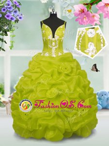 Floor Length Lace Up Little Girl Pageant Dress Yellow Green and In for Party and Wedding Party with Beading and Pick Ups