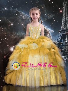 Adorable Spaghetti Straps Sleeveless Little Girl Pageant Gowns Floor Length Beading and Ruffled Layers Gold Tulle