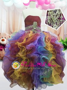 Multi-color Zipper Strapless Beading and Ruffles Kids Pageant Dress Organza Sleeveless