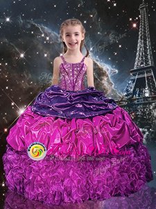 Excellent Purple Spaghetti Straps Lace Up Beading and Ruffles and Pick Ups Little Girl Pageant Dress Sleeveless