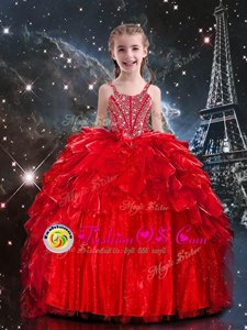 Trendy Red Ball Gowns Organza One Shoulder Sleeveless Beading and Ruffles Floor Length Lace Up Little Girls Pageant Dress