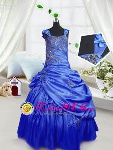 Customized Satin Sleeveless Floor Length Girls Pageant Dresses and Beading and Pick Ups