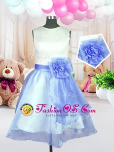 Scoop Baby Blue Sleeveless Hand Made Flower Knee Length Pageant Gowns For Girls