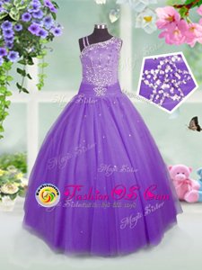 High Quality Asymmetric Sleeveless Little Girl Pageant Gowns Floor Length Beading Lavender Tulle