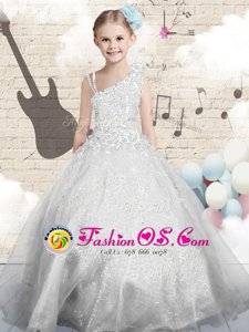 Silver Ball Gowns Organza Asymmetric Sleeveless Beading and Appliques and Hand Made Flower Floor Length Lace Up Kids Formal Wear