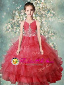 Enchanting Halter Top Watermelon Red Ball Gowns Beading and Ruffled Layers Little Girls Pageant Gowns Zipper Organza Sleeveless Floor Length