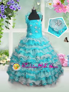 Straps Sleeveless Little Girls Pageant Gowns Floor Length Beading and Appliques and Ruffled Layers Blue And White Organza