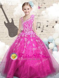 Blue Tulle Side Zipper Asymmetric Sleeveless Floor Length Kids Formal Wear Beading
