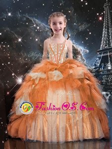 Admirable Tulle Spaghetti Straps Sleeveless Lace Up Beading and Ruffled Layers Little Girls Pageant Gowns in Gold