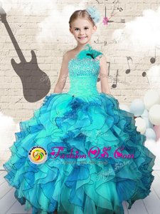 One Shoulder Floor Length Aqua Blue Girls Pageant Dresses Organza Sleeveless Beading and Ruffles