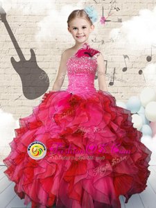 One Shoulder Hot Pink Sleeveless Floor Length Beading and Ruffles Lace Up Little Girls Pageant Gowns