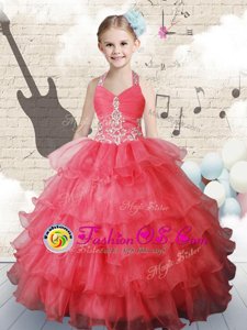 One Shoulder Beading and Ruffles Child Pageant Dress Royal Blue Lace Up Sleeveless Floor Length