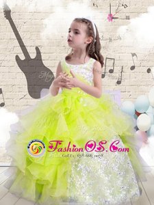 Yellow Green Ball Gowns Organza Scoop Sleeveless Beading and Ruffles Floor Length Lace Up Kids Formal Wear