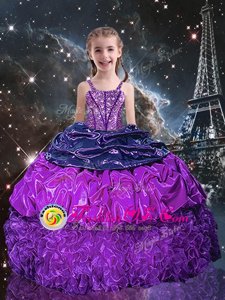 Enchanting Spaghetti Straps Sleeveless Child Pageant Dress Floor Length Beading and Ruffles and Pick Ups Eggplant Purple Organza