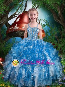 Nice Ball Gowns Girls Pageant Dresses Blue Spaghetti Straps Organza Sleeveless Floor Length Lace Up