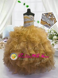 Most Popular Floor Length Gold Little Girls Pageant Dress Wholesale Sweetheart Sleeveless Lace Up