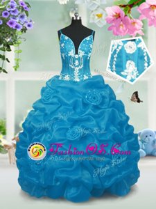 Pick Ups Baby Blue Sleeveless Taffeta Lace Up Kids Pageant Dress for Party and Wedding Party