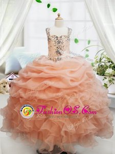 Organza Square Sleeveless Zipper Beading and Ruffles and Pick Ups Pageant Gowns For Girls in Watermelon Red