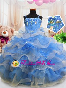 Most Popular Blue Ball Gowns Spaghetti Straps Sleeveless Organza Floor Length Zipper Beading and Ruffled Layers Little Girls Pageant Gowns