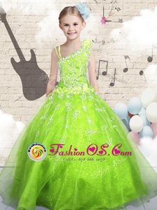 Beading and Appliques and Hand Made Flower Little Girls Pageant Gowns Apple Green Lace Up Sleeveless Floor Length