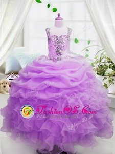 Customized Rose Pink Sleeveless Beading and Ruffles and Pick Ups Floor Length Pageant Gowns For Girls
