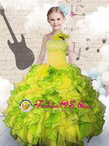 Fantastic Yellow Green Sleeveless Beading and Ruffles Floor Length Kids Formal Wear